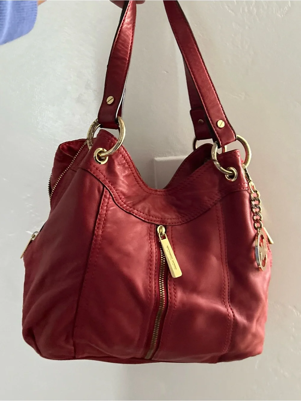 Michael Kors Red Leather Hobo Shoulder Bag with Gold Accents